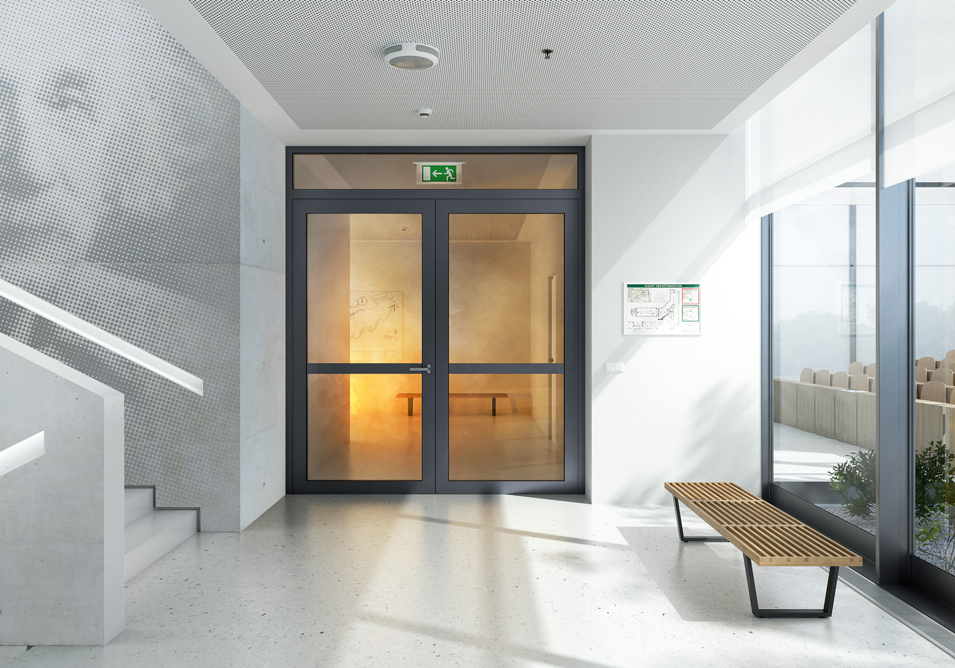 Treppenhaus mit Feuermelder an der Decke
